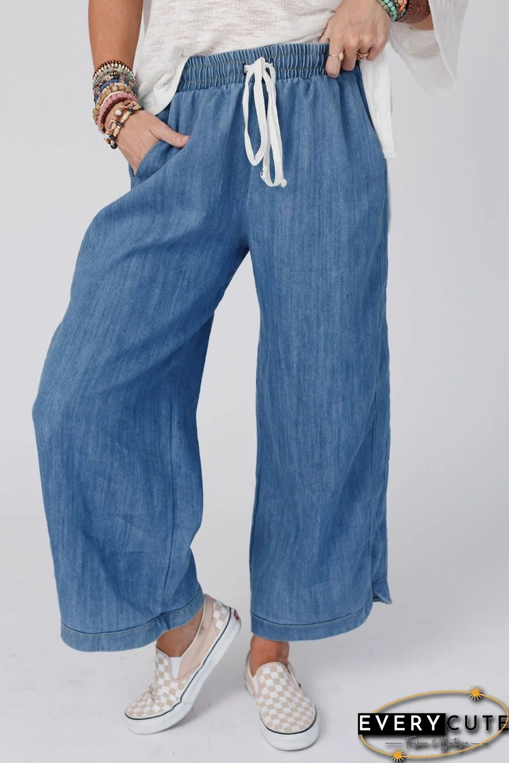 Sky Blue Wide Leg Drawstring Waist Loose Pants