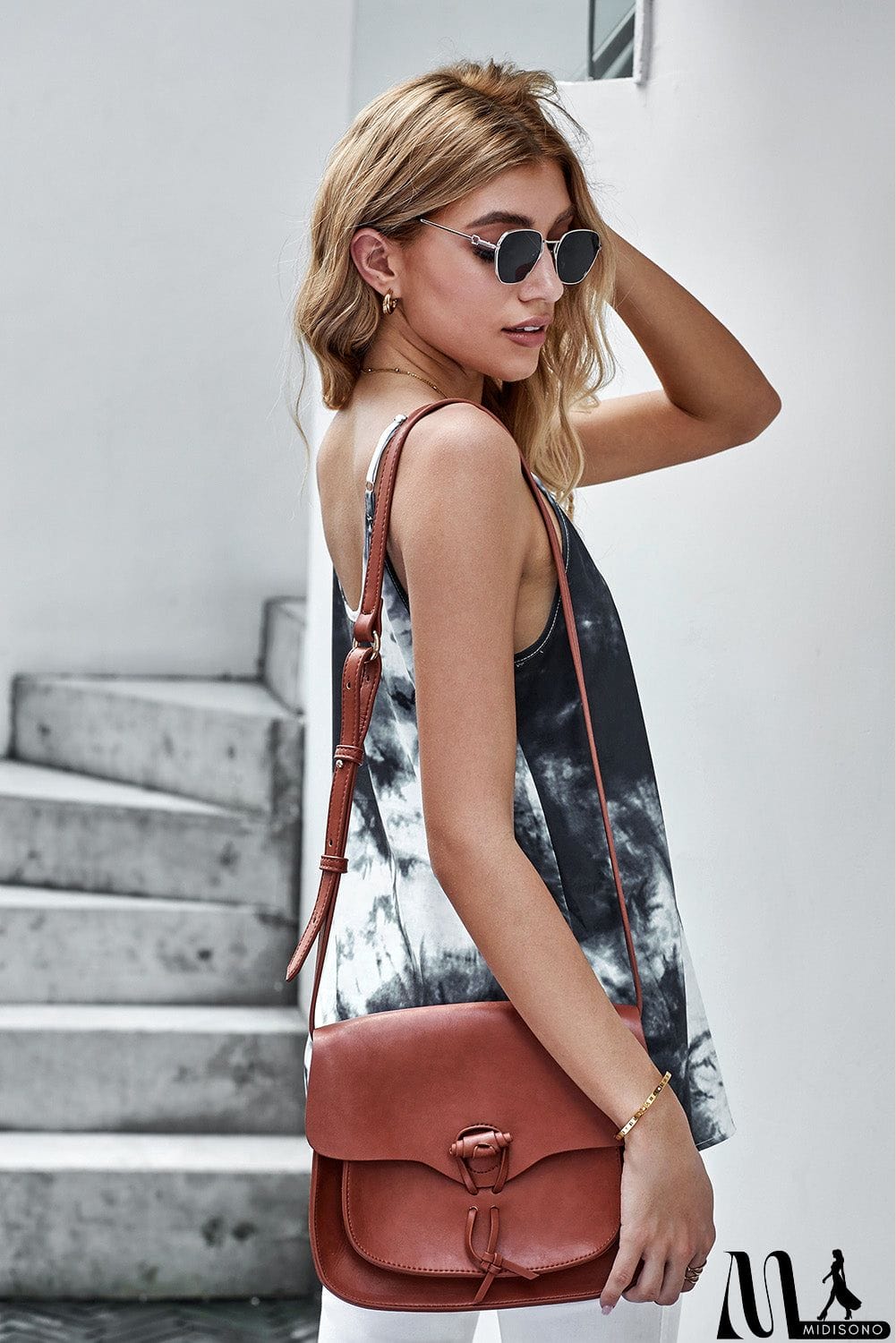 MidiSono - Summer Black Tie Dye Spaghetti Strap Buttoned Tank Top