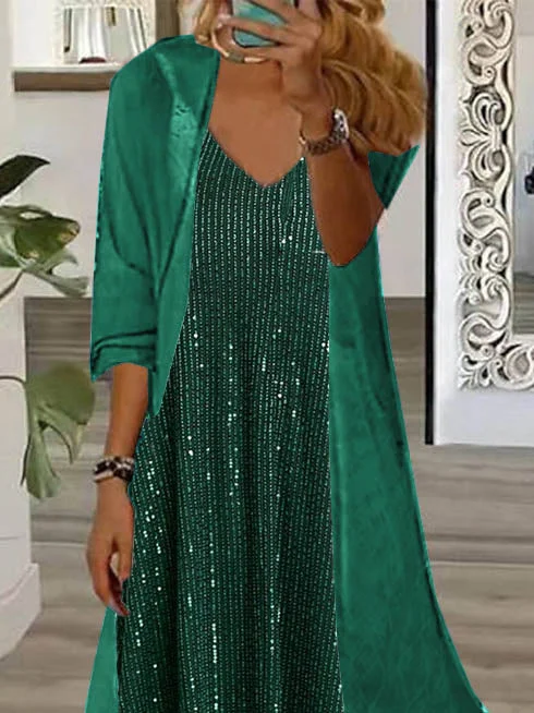 Women's Long Sleeve V-neck Graphic Printed Two Pieces Maxi Dress