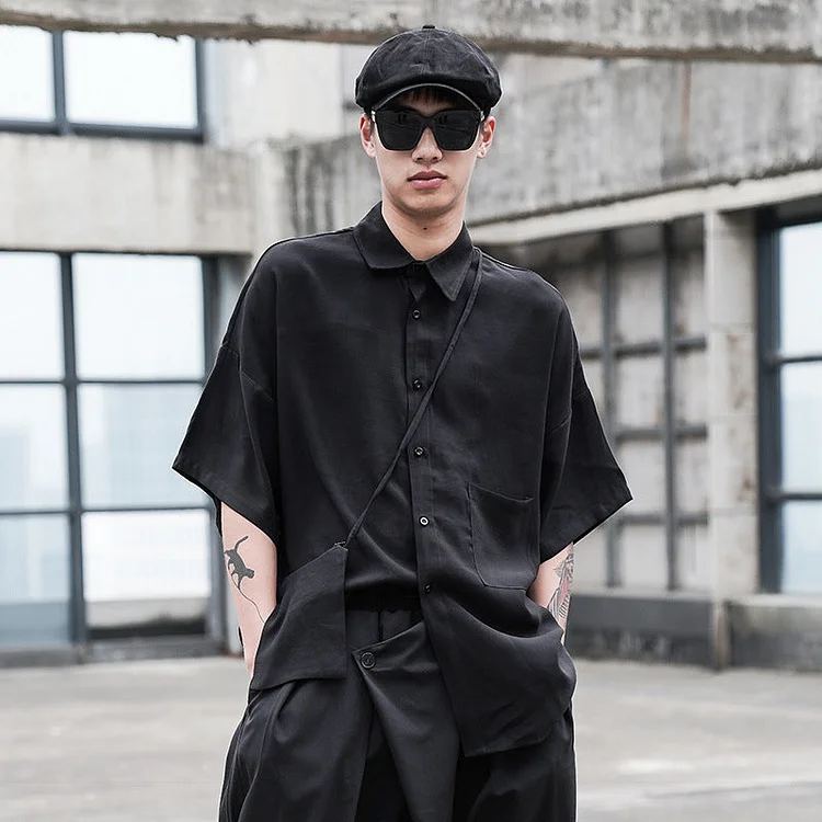 Dawfashion Techwear Streetwear-Darkwear Japanese Loose Dropped Shoulder Versatile Short-sleeved Shirts-Streetfashion-Darkwear-Techwear