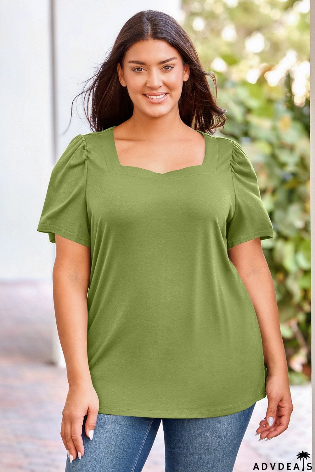 Plus Size Square Neck Puff Sleeve Tee