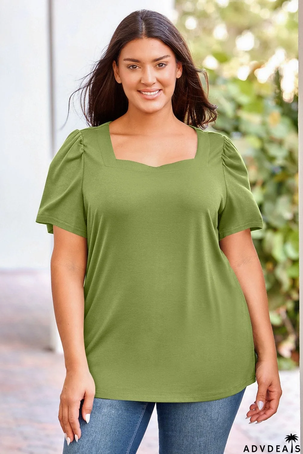 Plus Size Square Neck Puff Sleeve Tee