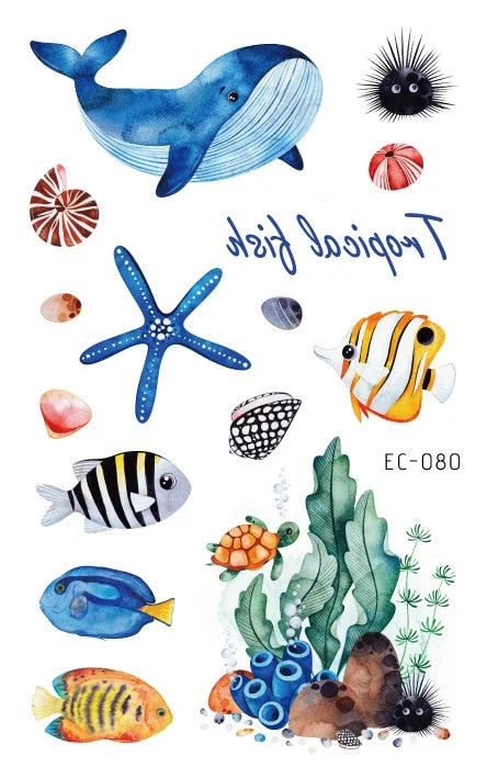 24 kinds Temporary Tattoo Stickers for Kids Cute Cartoon Tropical Fish Marine faux tatouage temporaire Disposable Children Gift