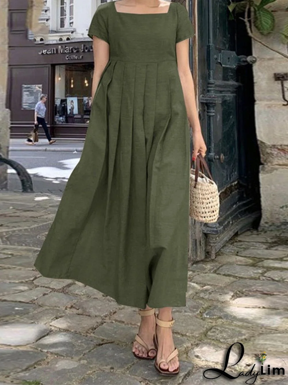 Women's Short Sleeve Scoop Neck Cotton Linen Casual Midi Dress