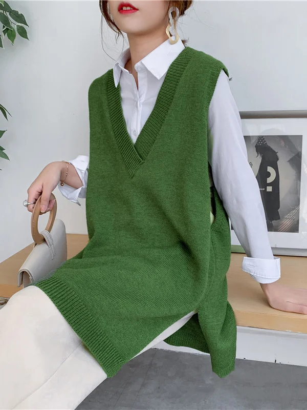 Trendy Sleeveless Split-Side Solid Color V-Neck Knitted Vest
