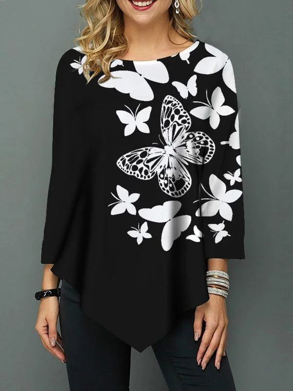 Women Long Sleeve Scoop Neck Floral Printed Graphic Top