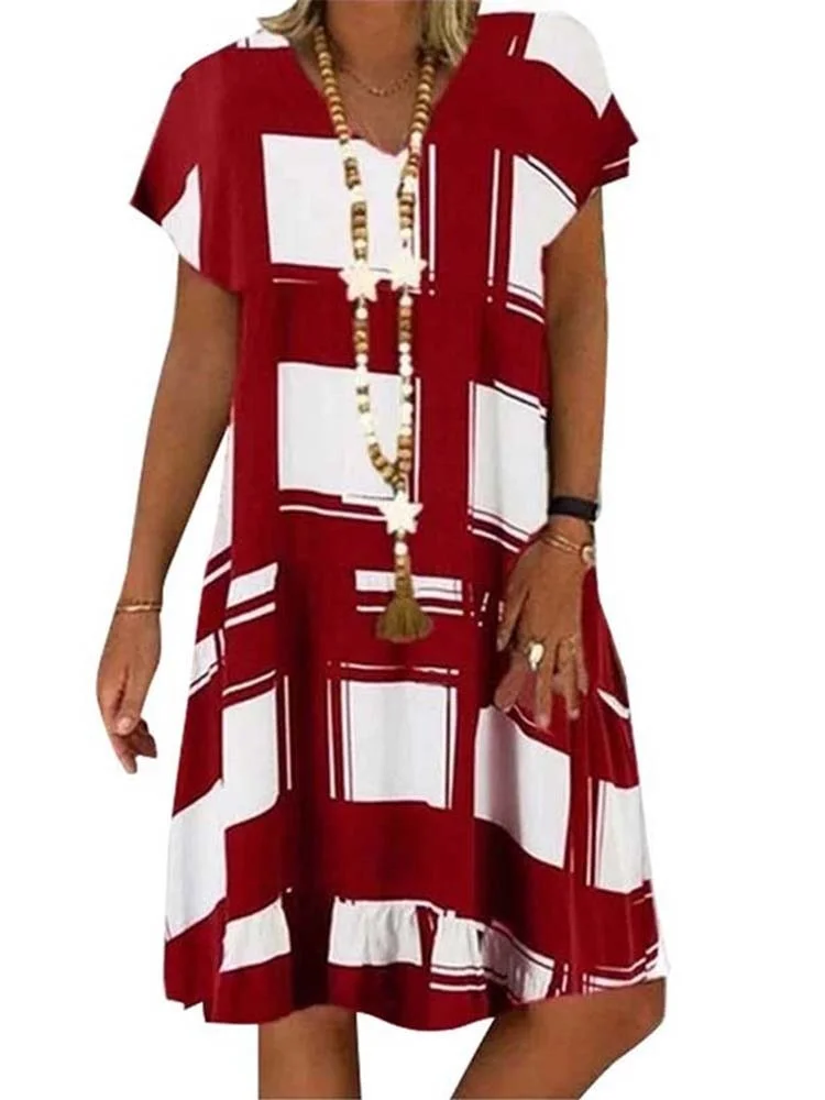 Summer Lattice Print Casual Dress Women's V-neck Short Sleeve Vintage Dresses For Women Plus Size Beach Boho Loose Midi Dress