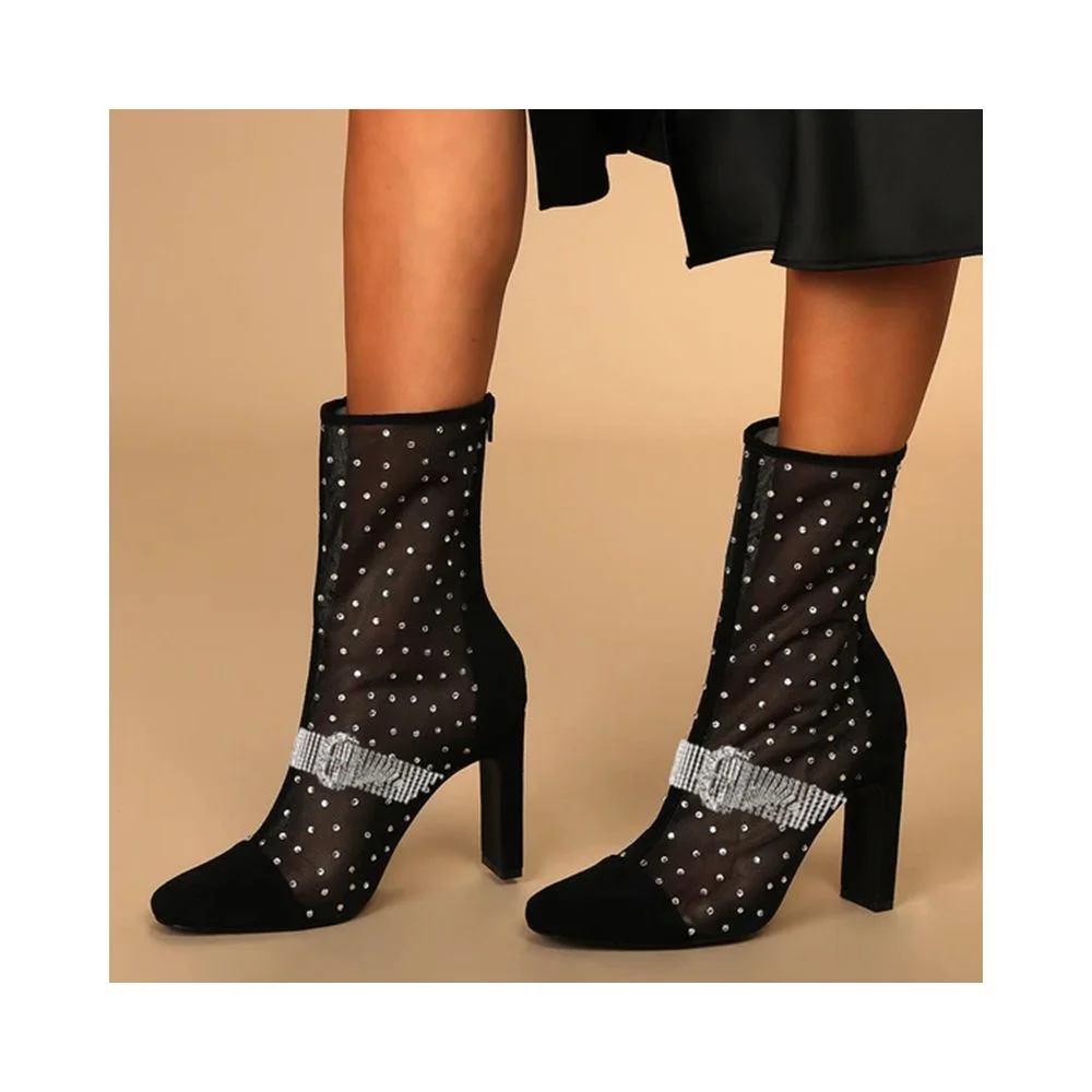 Black Lace Ankle Boots Block Heel Summer Booties With Crystal Nicepairs