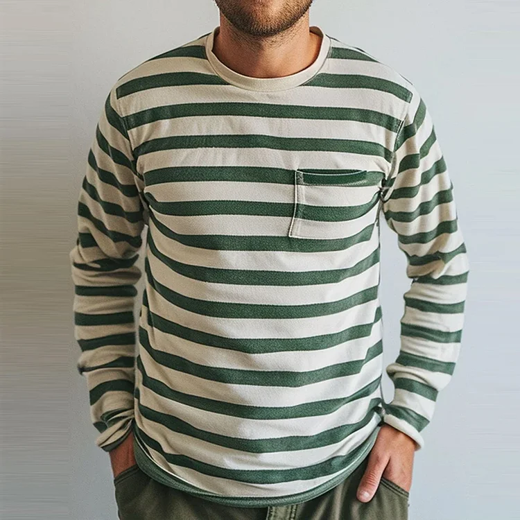 Men's Striped Print Casual Round Neck Pocket Long Sleeve T-Shirt