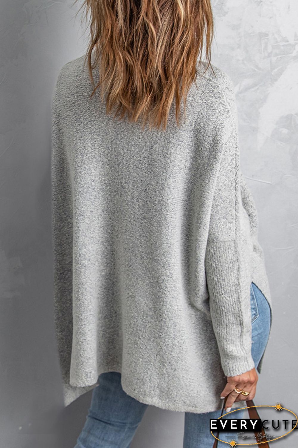 Grey High Neck Oversized Sweater with Slits
