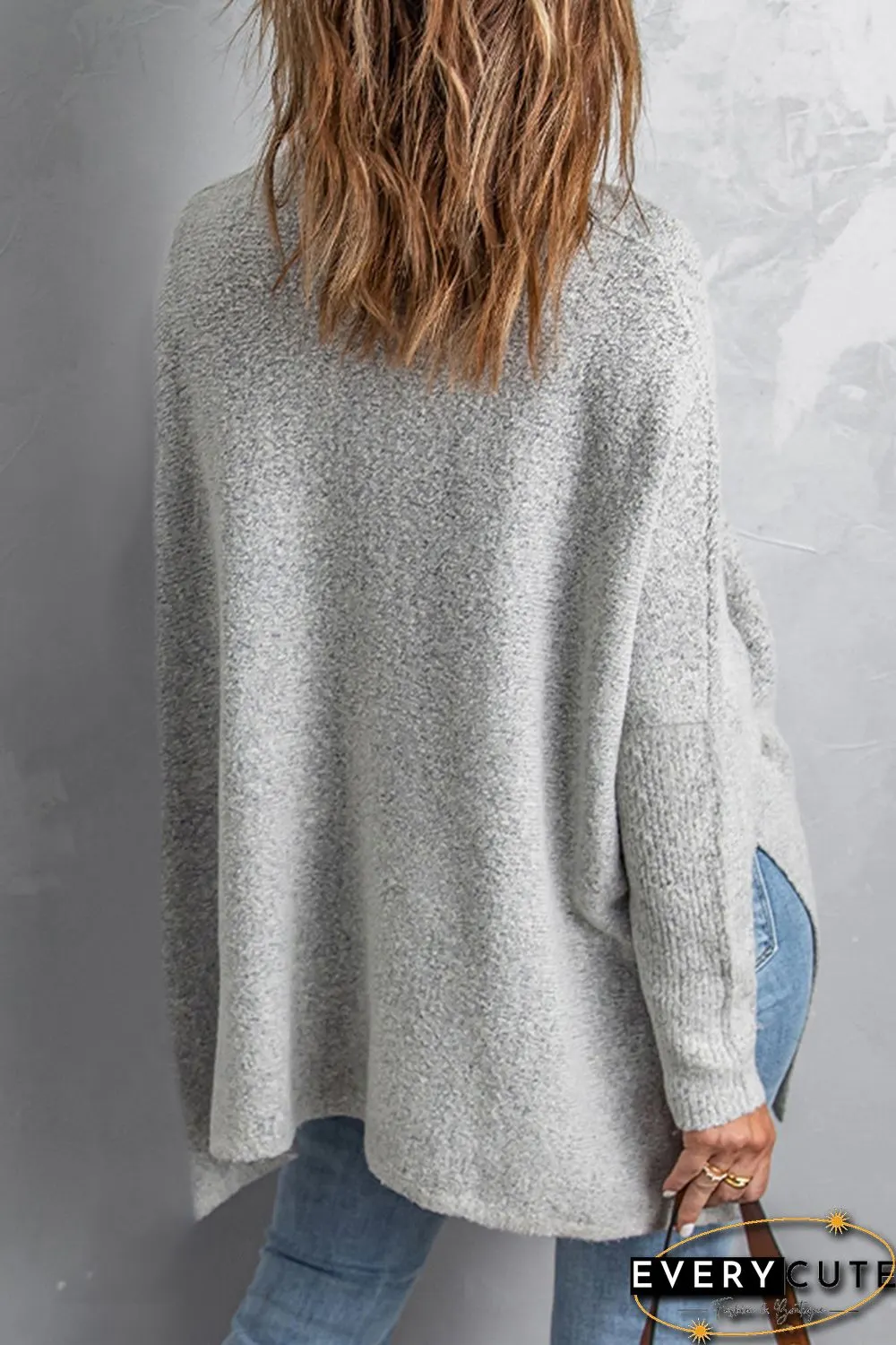 Grey High Neck Oversized Sweater with Slits