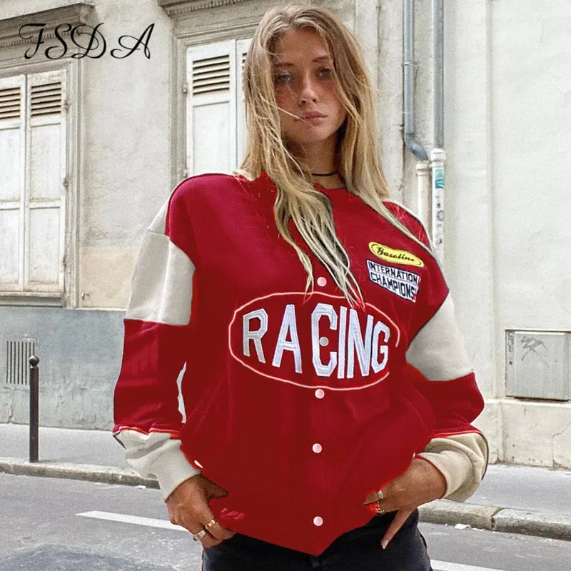 FSDA Oversized Baseball Jackets Varsity Women Black 2021 Autumn Winter Long Sleeve Y2K Fashion Vintage Coat Bomber Loose