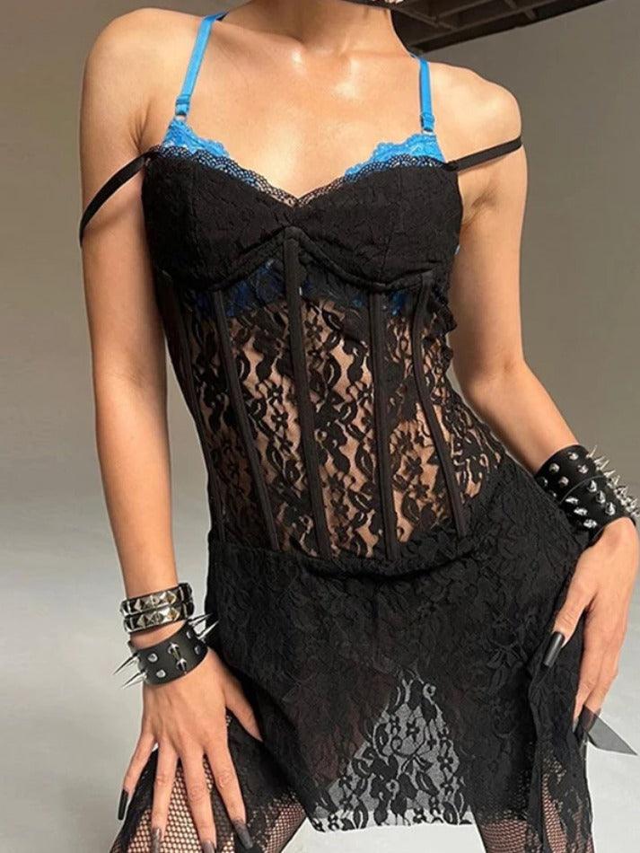 LANFUBEISI - Lace Corset Irregular Hem Cami Mini Dress LANFUBEISI