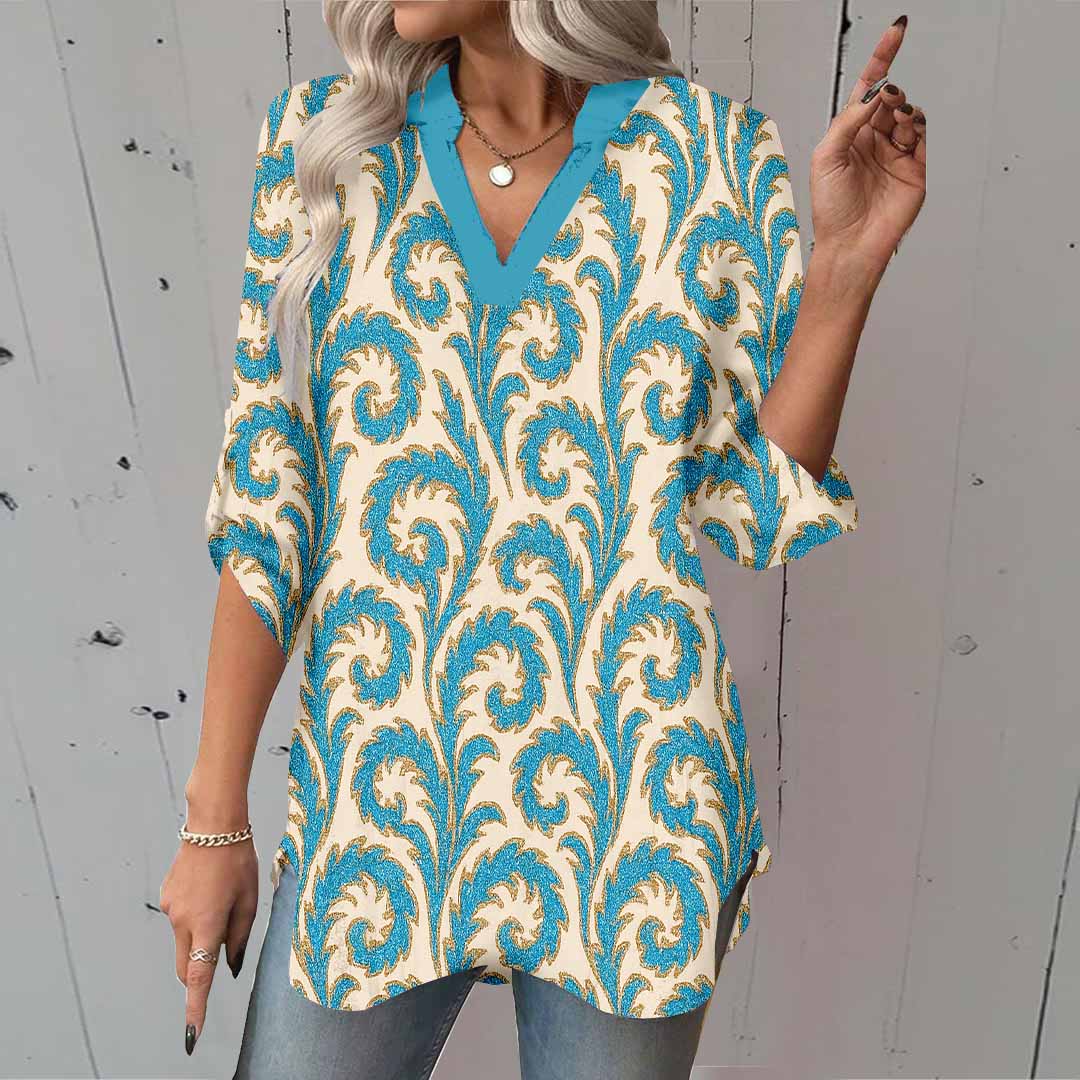 Women Retro, Blue, White DZGA0396 3/4 Sleeve V-neck Printed Graphic Button Tops