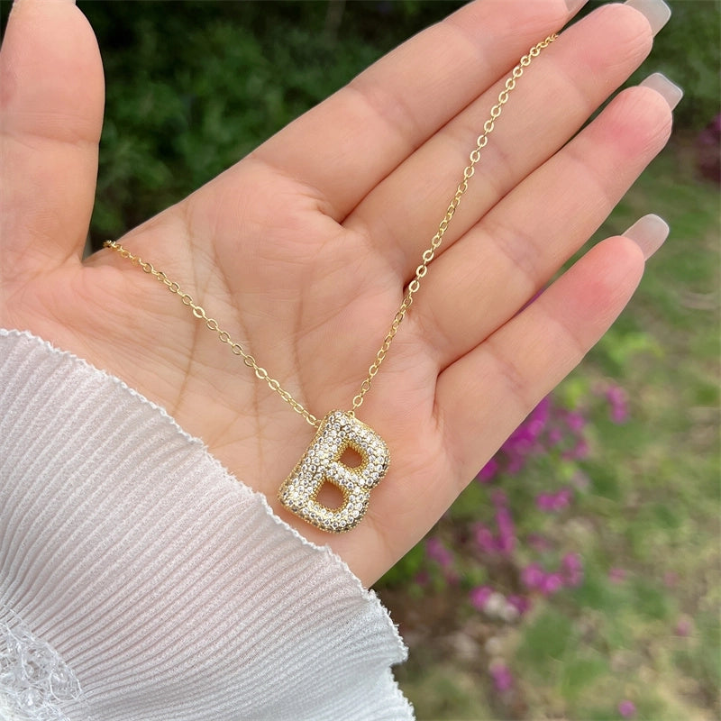 Copper 18K Gold Plated Hip-Hop Minimalist Classic Style Polishing Inlay Letter Zircon Pendant Necklace