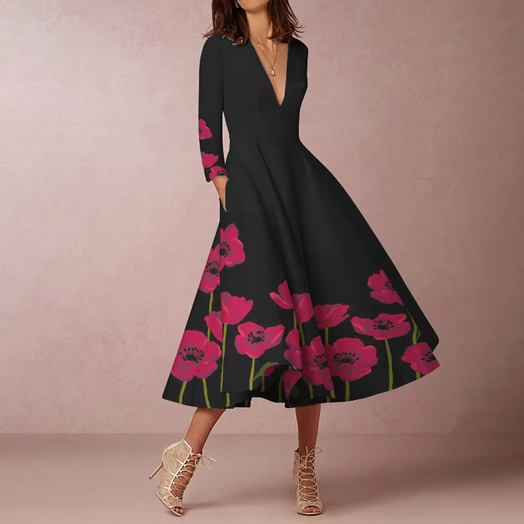 Vefave Simple Floral Print Long Sleeve Midi Dress