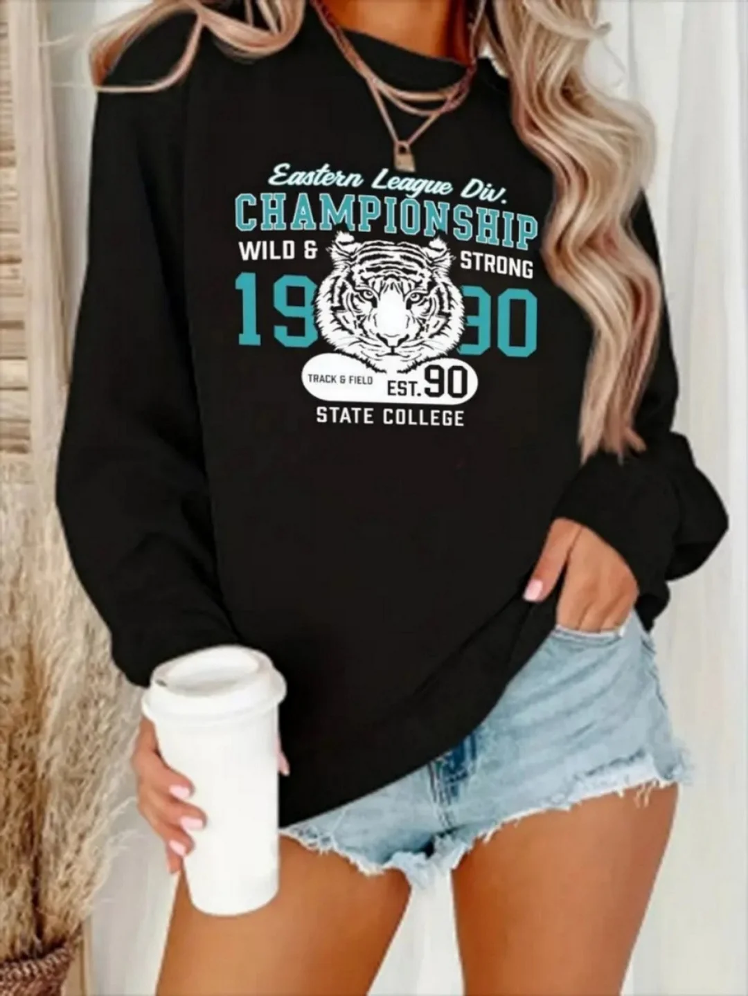 Women's Eastern League Championship Tiger Sweatshirt, Retro Graphic, Casual Crew Neck, Sporty Streetwear Pullover