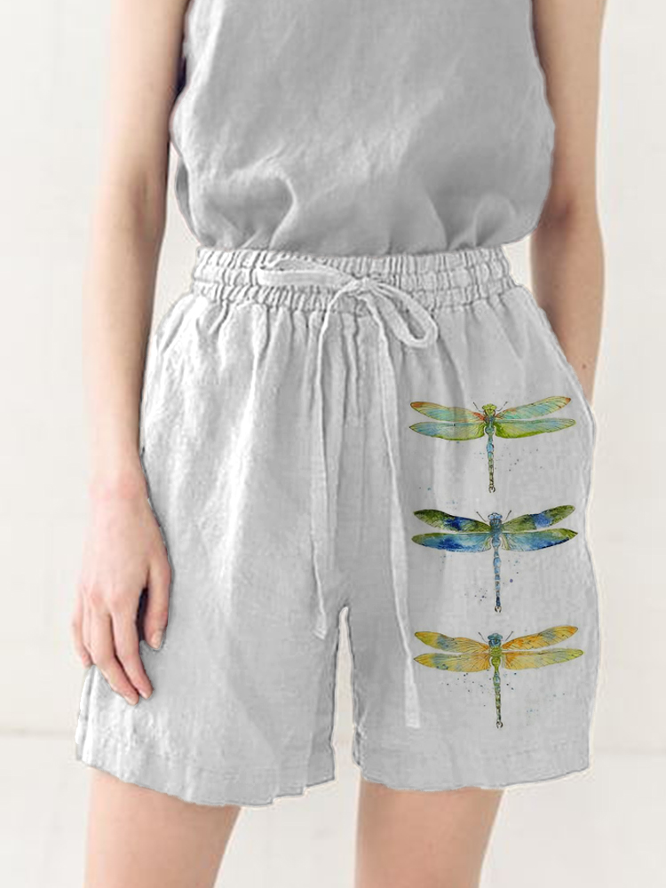 Women's Casual Watercolor Dragonfly Cotton Blend Print Short wearshes