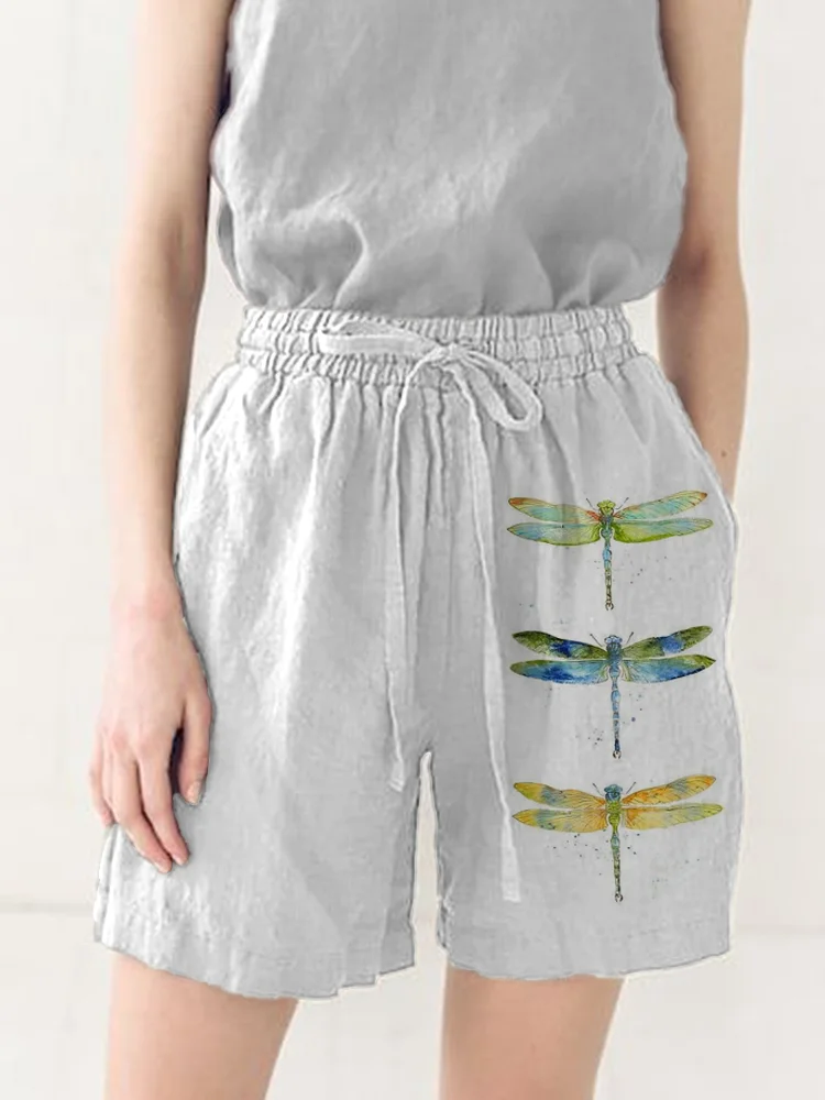 Women's Casual Watercolor Dragonfly Cotton Blend Print Short