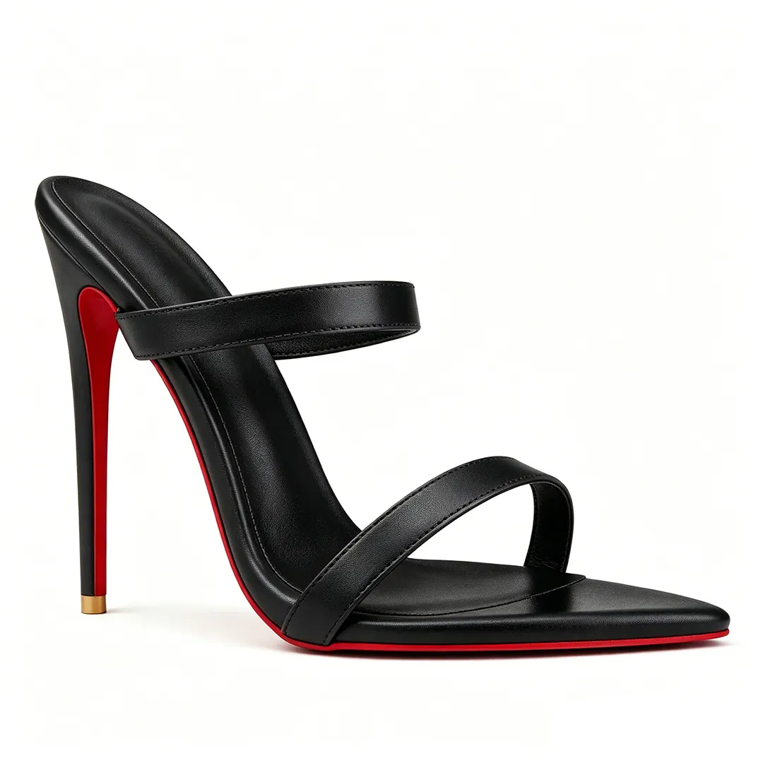 120mm Women Matte Leather Open Toe Slide Heels Elegant Two Band Stiletto Mules With Iconic Red Bottom-MERUMOTE