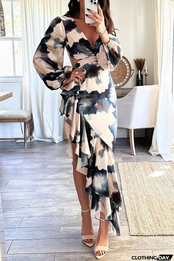 Ready for A Formal Night Tie Dye Print Gorgeous Ruffles Backless Slit Maxi Dress
