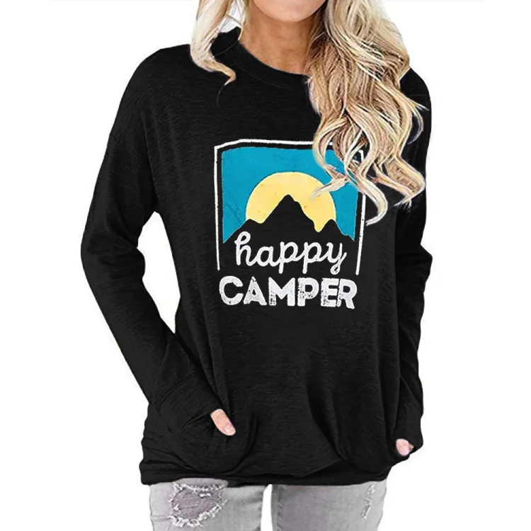 Women's Happy CAMPER Letter Printing Loose Round Neck Long-Sleeved T-shirt