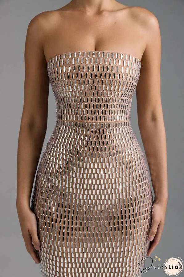 Flash Sculpture Rhinestone Embellished Bandeau Slit Stretch Maxi Dress