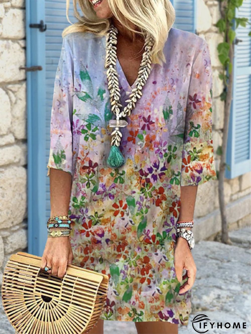 Women's A Line Length Dress Floral printed 3/4 Length Sleeve Floral Layered Print Fall Summer V Neck Casual Loose | IFYHOME