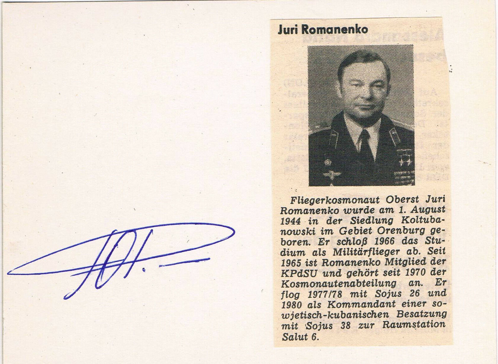 Yury Romanenko 1944- genuine autograph signed 4x6