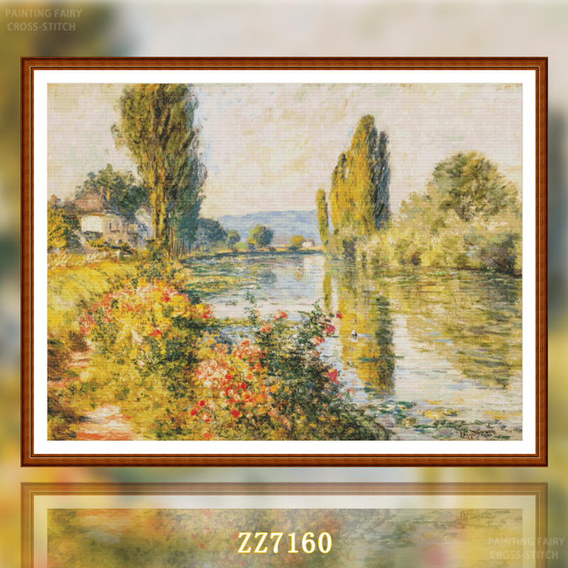 [ZZ7160-Oil Painting Lakeside] Cross Stitch 2025 New Small Thread Stitch Living Room Dining Room Simple Novice Painting Fairy Cross Stitch