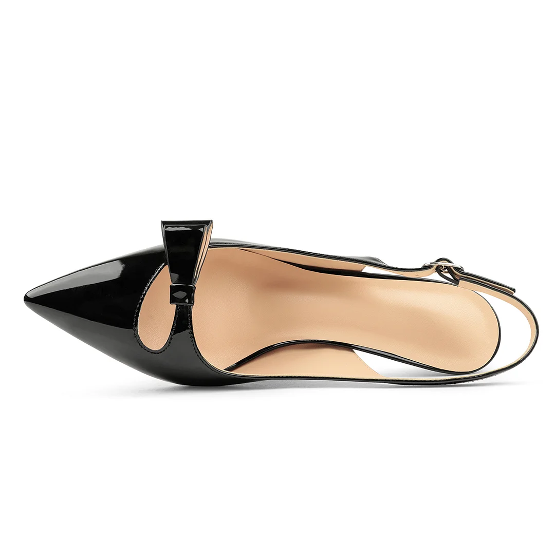 6.5cm /2.55 inch Pointed Toe Bows Slingback Buckle Pumps Kitten Patent Heels