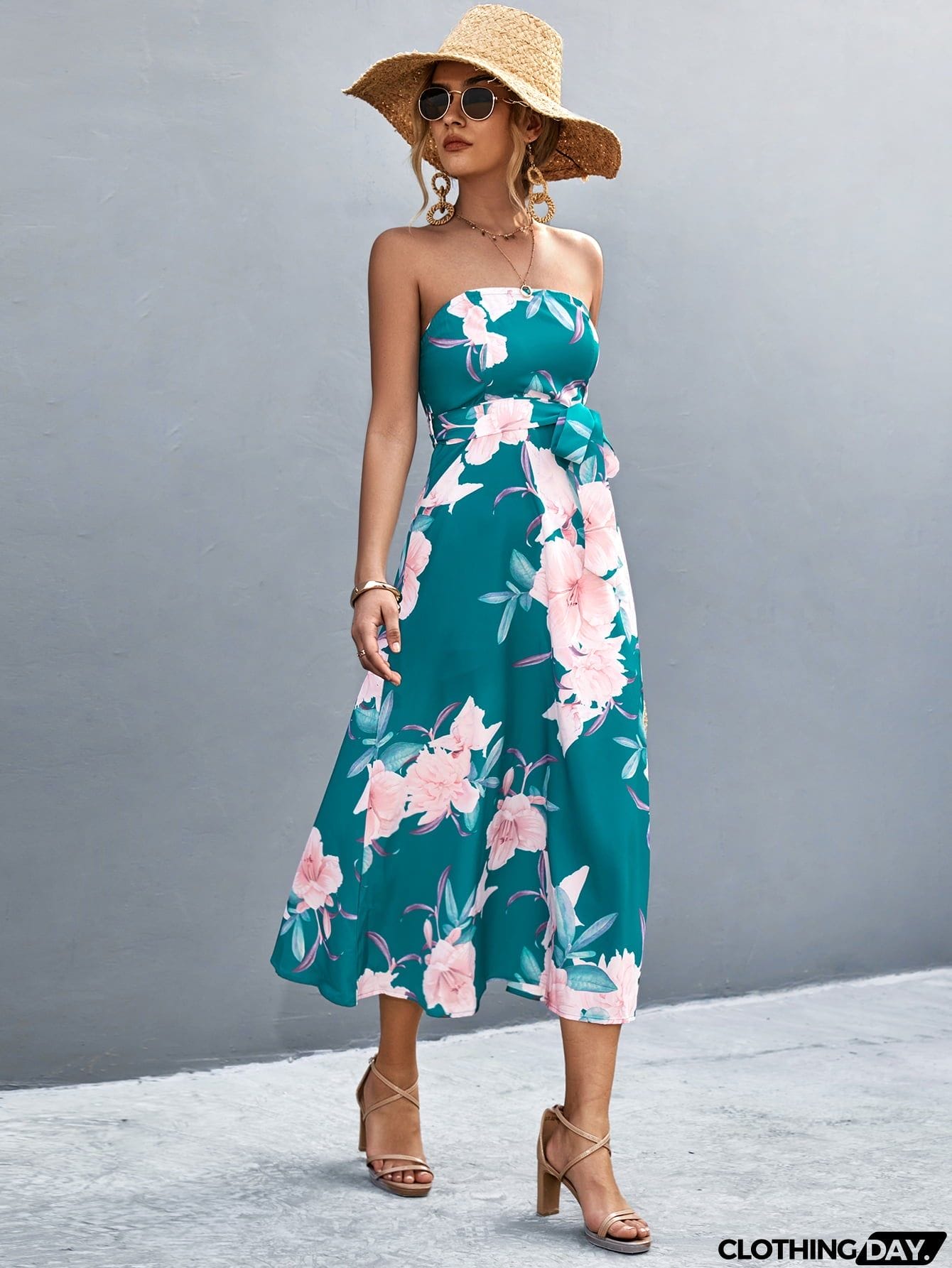 Floral Print Tie Waist Straight Neck Midi Dress
