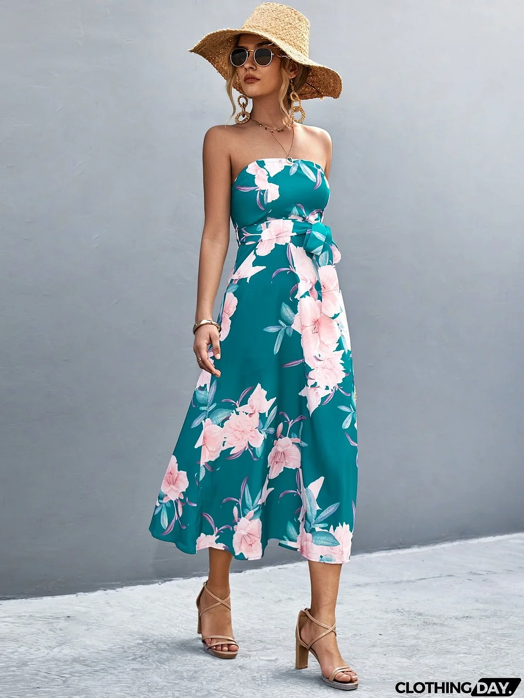 Floral Print Tie Waist Straight Neck Midi Dress