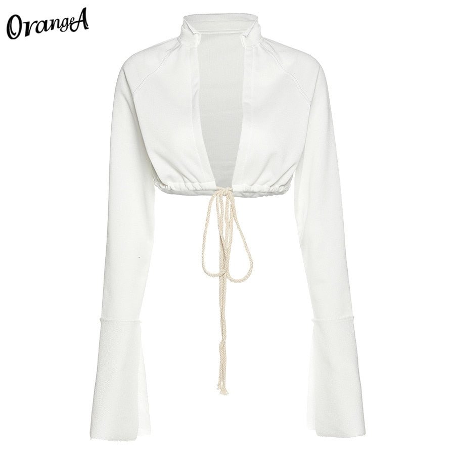 OrangeA fashion v-neck fashion drawstring bandage y2k tops casual Turtleneck fashion harajuku streetwear split long sleeve shirt