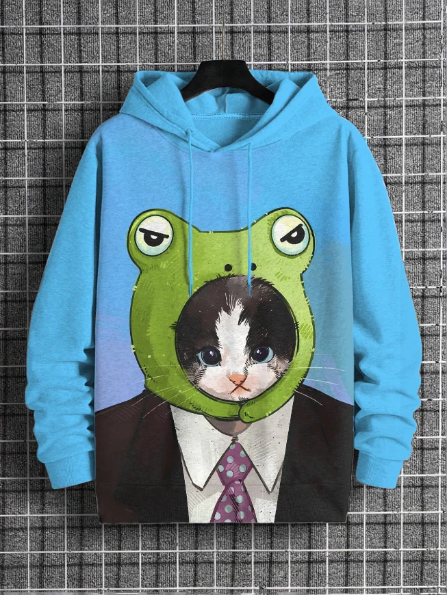 Men's Cat In Suit Wearing Frog Headgear Art Print Hooded Sweatshirt