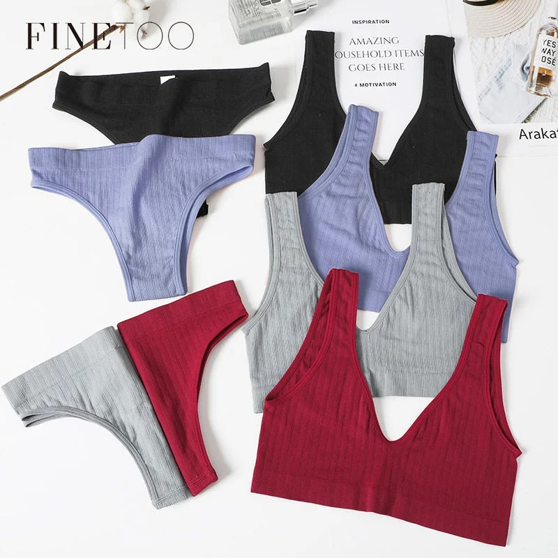FINETOO Deep V Tops Panties Set Seamless Bralette Women M-XL Sexy Bra Set Backless Underwear Suit Girl Crop Top Underpants Set