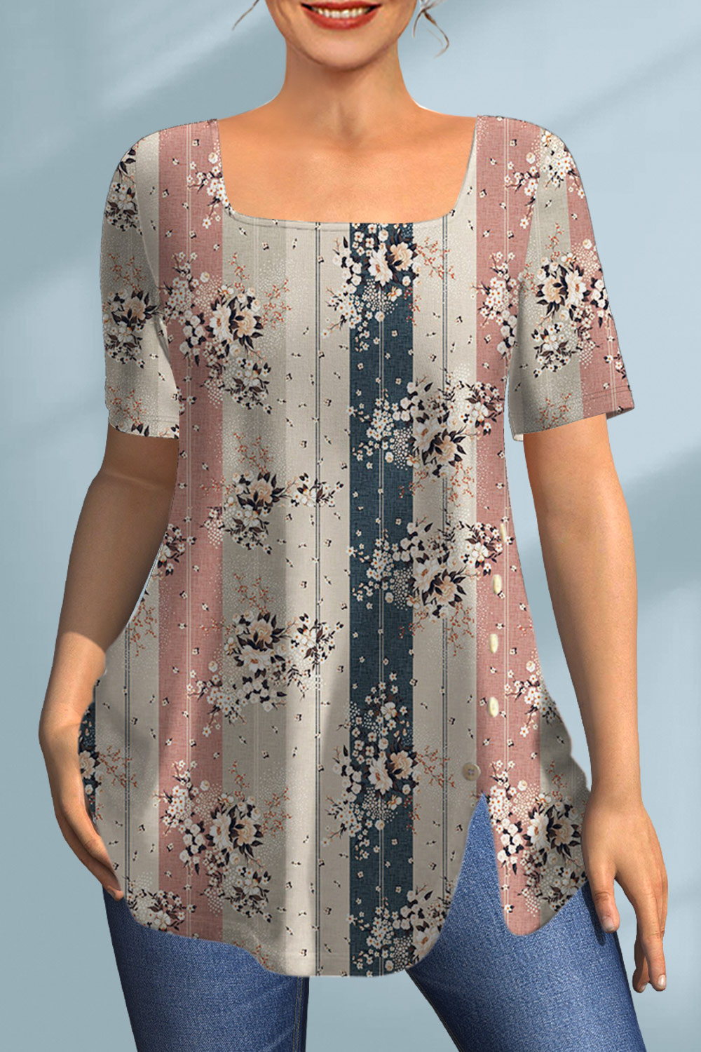 Plus Size Floral Print Short Sleeve Square Neck Decorative Button Loose Casual Blouses 2024 - Flycurvy 