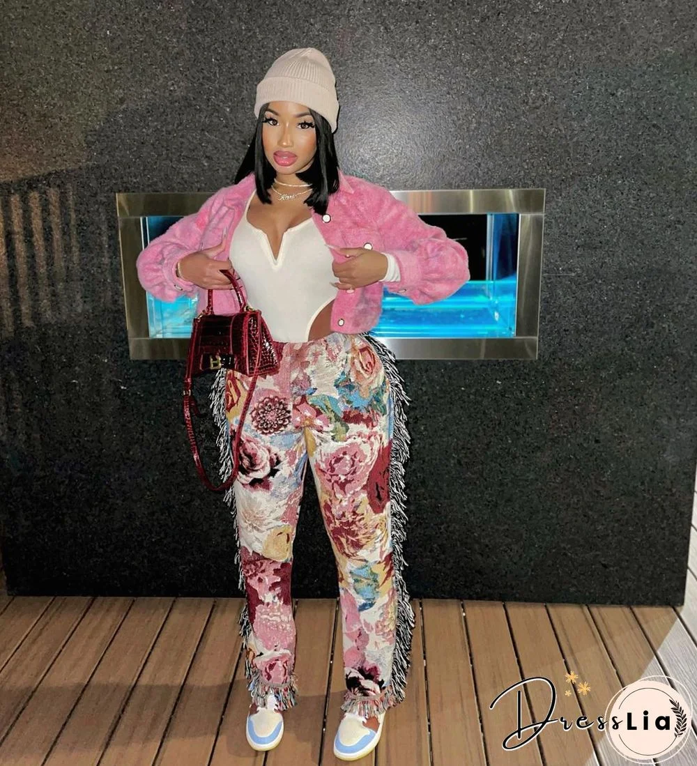 Side Tassels Patchwork Elastic Waist Women Print Jogger Pant