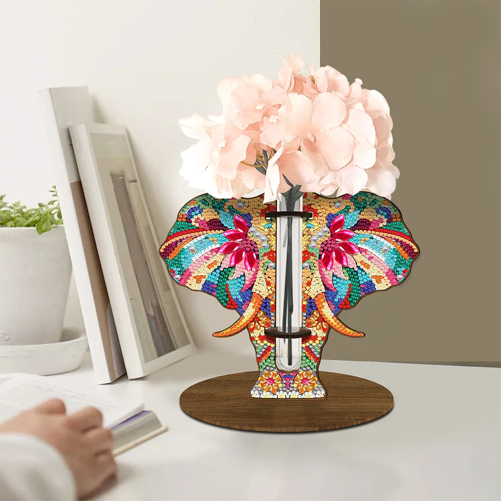 DIY Wooden Elephant Diamond Painting Flower Vase Ornaments for Home Office Decor