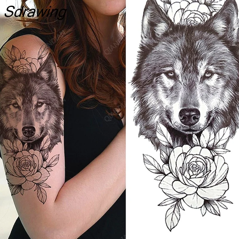 Sdrawing Wolf Flower Rose Bouquet Camellia Women Lady Waterproof Temporary Tattoos Fake Stickers Arm Forearm Cool Art Sexy Black