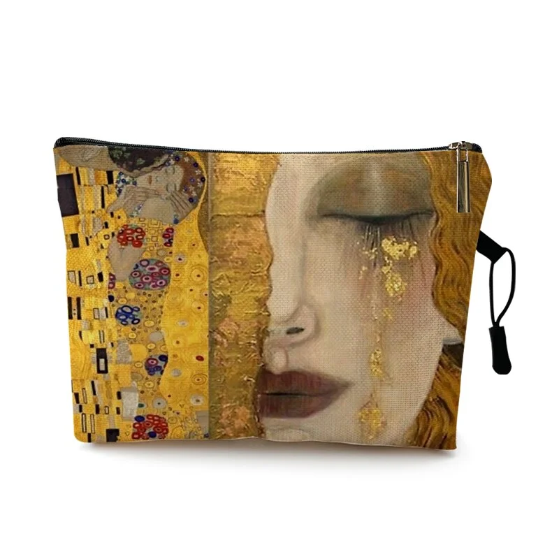 Kim Oil Painting Golden Tears Print Women Cosmetic Bags Lovely Casual Travel Portable Storage Handbags Makeup Bag Toiletry Bags