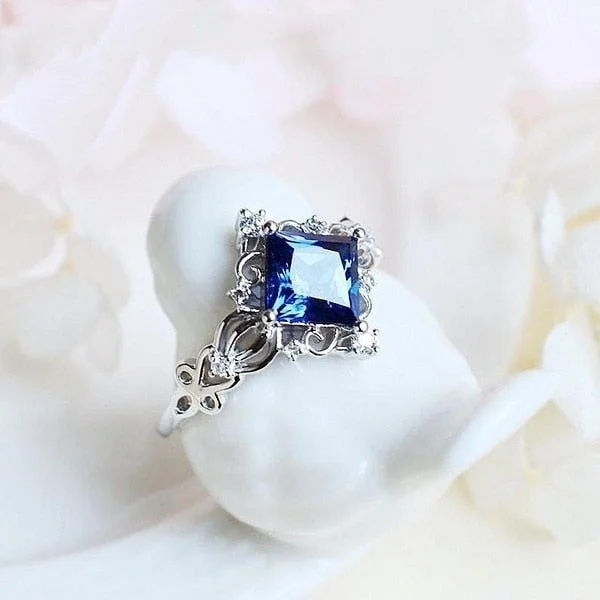 Fashion Princess Cut Blue Stone Ring Silver Color Cubic Zirconia Engagement Rings Bridal Fine Jewelry