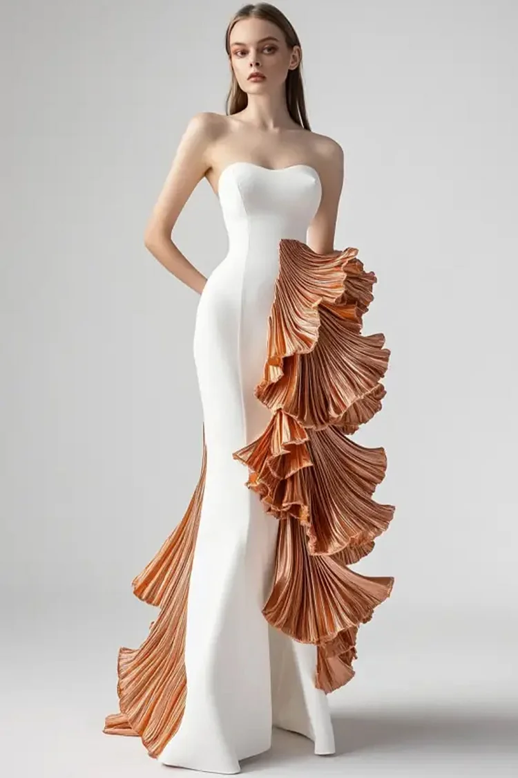 Strapless Contrast Tiered Maxi Dress-White [Custom-Made]