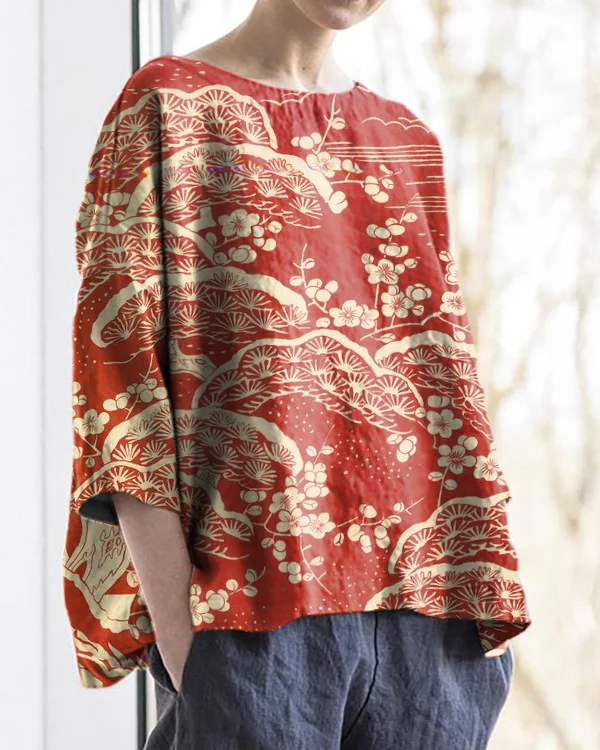 Vintage Cherry Blossom Print Round Neck Cotton and Linen Loose Top