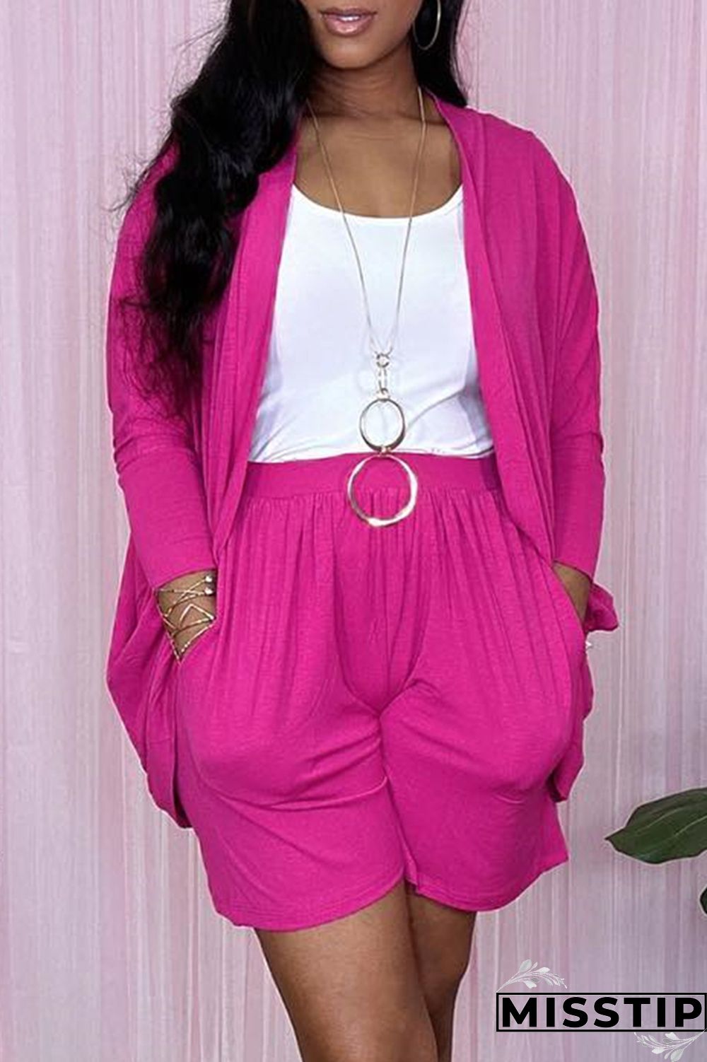 Deep Pink Casual Solid Cardigan Long Sleeve Two Pieces