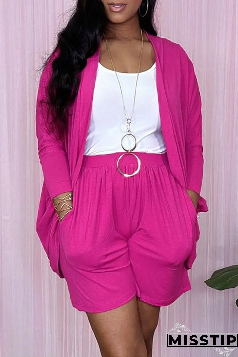 Deep Pink Casual Solid Cardigan Long Sleeve Two Pieces