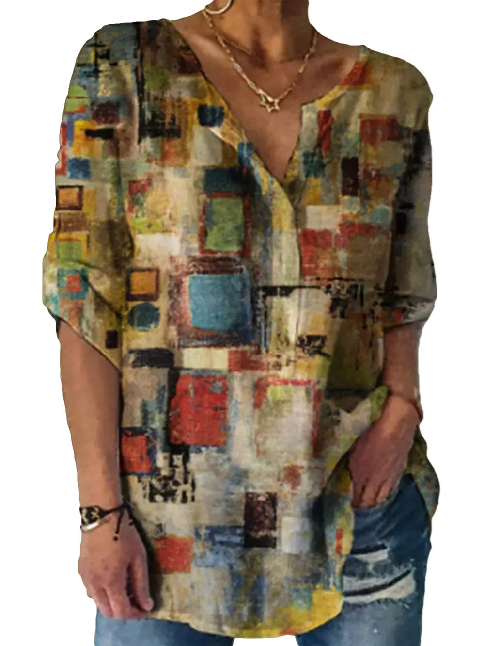 Women Long Sleeve V-neck Graphic Floral Printed Top