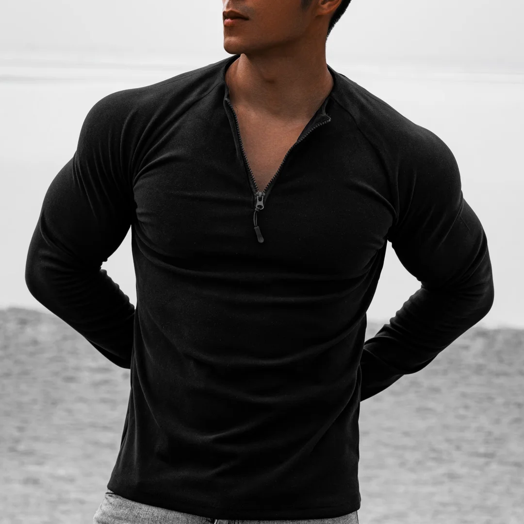 Men's Fitness Plain Henley 1/4 Zip Long Sleeve T-Shirt