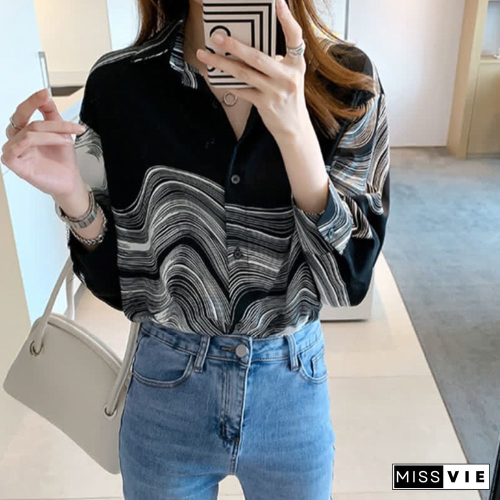 Colorblock Stripe Print Lapel Shirt Workwear