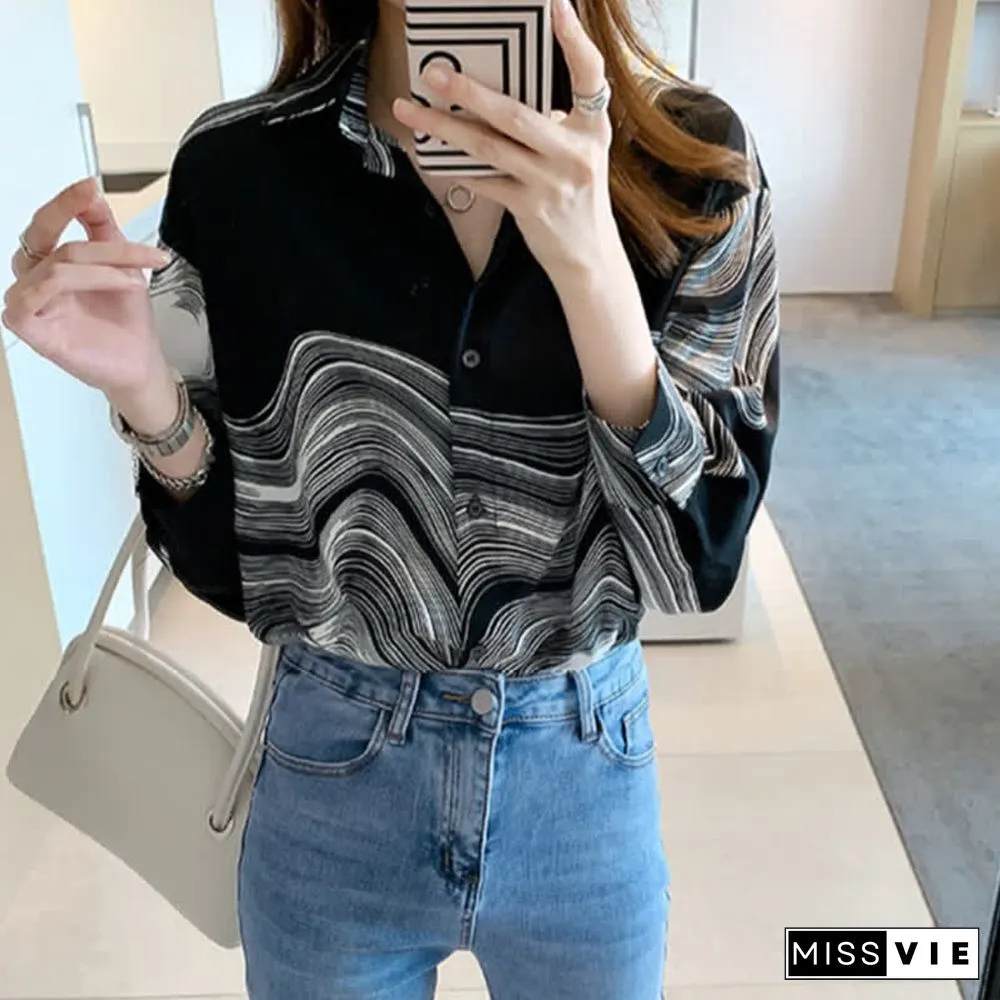 Colorblock Stripe Print Lapel Shirt Workwear